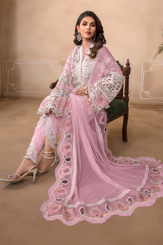 Pink Color Pakistani Salwar Kameez With Heavy Embroidery & Frill Work Dupatta