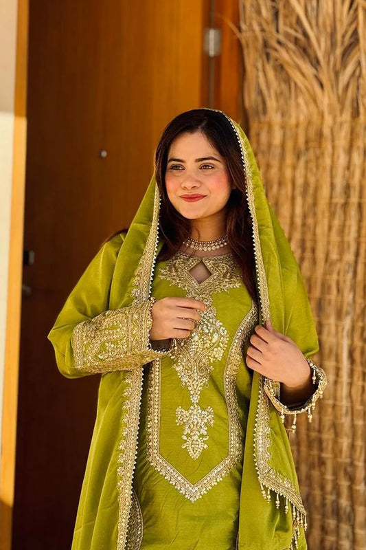 Ready To Wear Pista Heavy Silk Chinon Pakistani Tunic Style With Lovely Dupatta Work