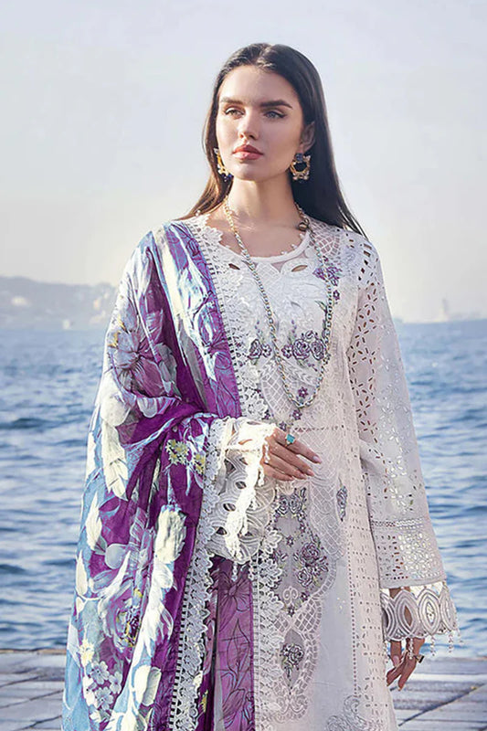 Heavy Cotton Off White & Purple Pakistani Salwar Kameez Contrast Cotton Printed Dupatta