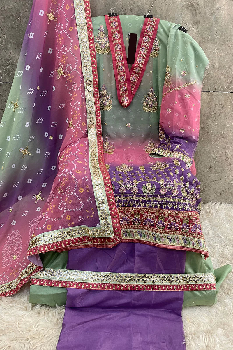 Pastel Green × Mauve Purple Georgette Designer Suit