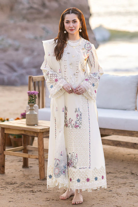 Heavy Cotton Pakistani Salwar Kameez Cream Embroidered With Imported Silk Chex Dupatta