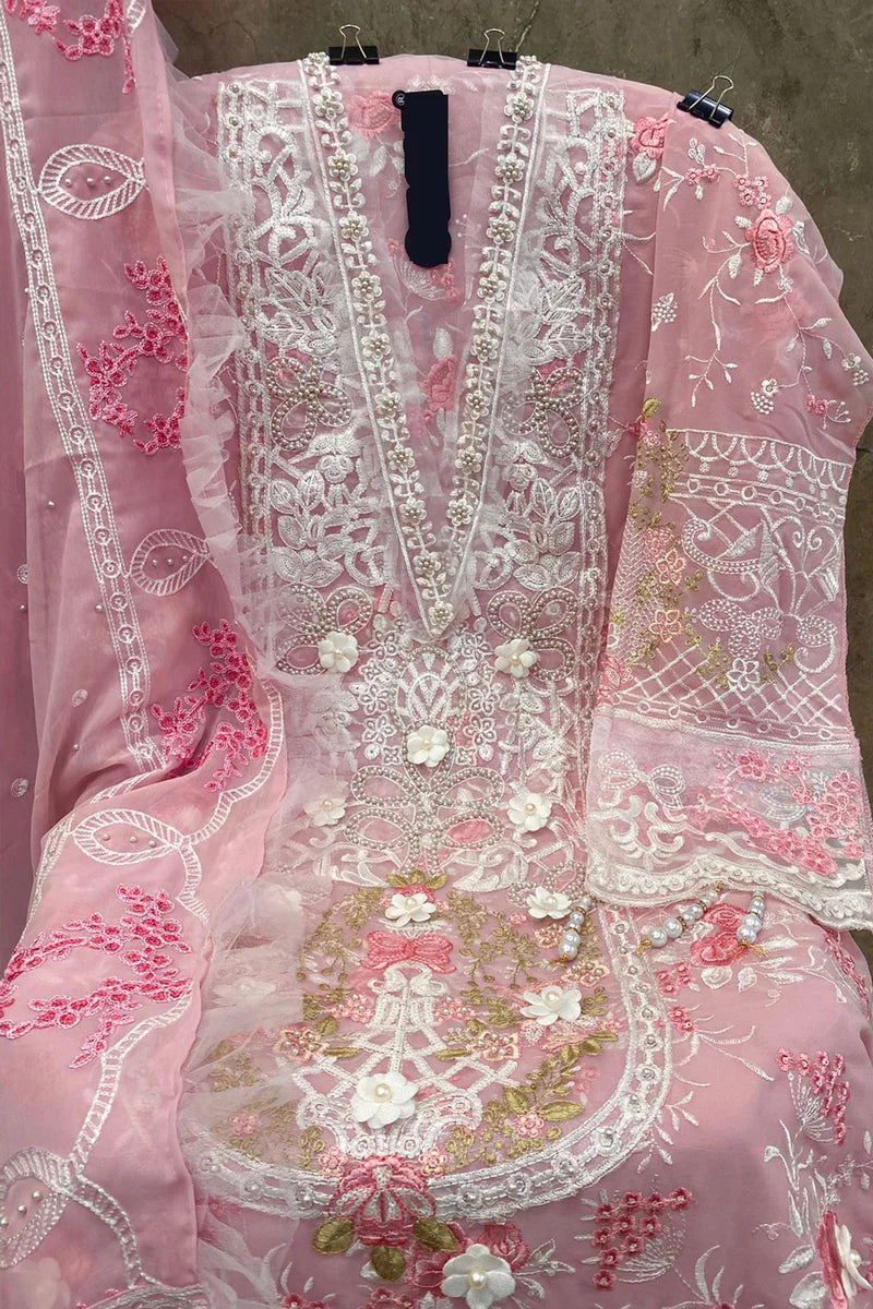 Pink Color Pakistani Salwar Kameez With Heavy Embroidery & Frill Work Dupatta