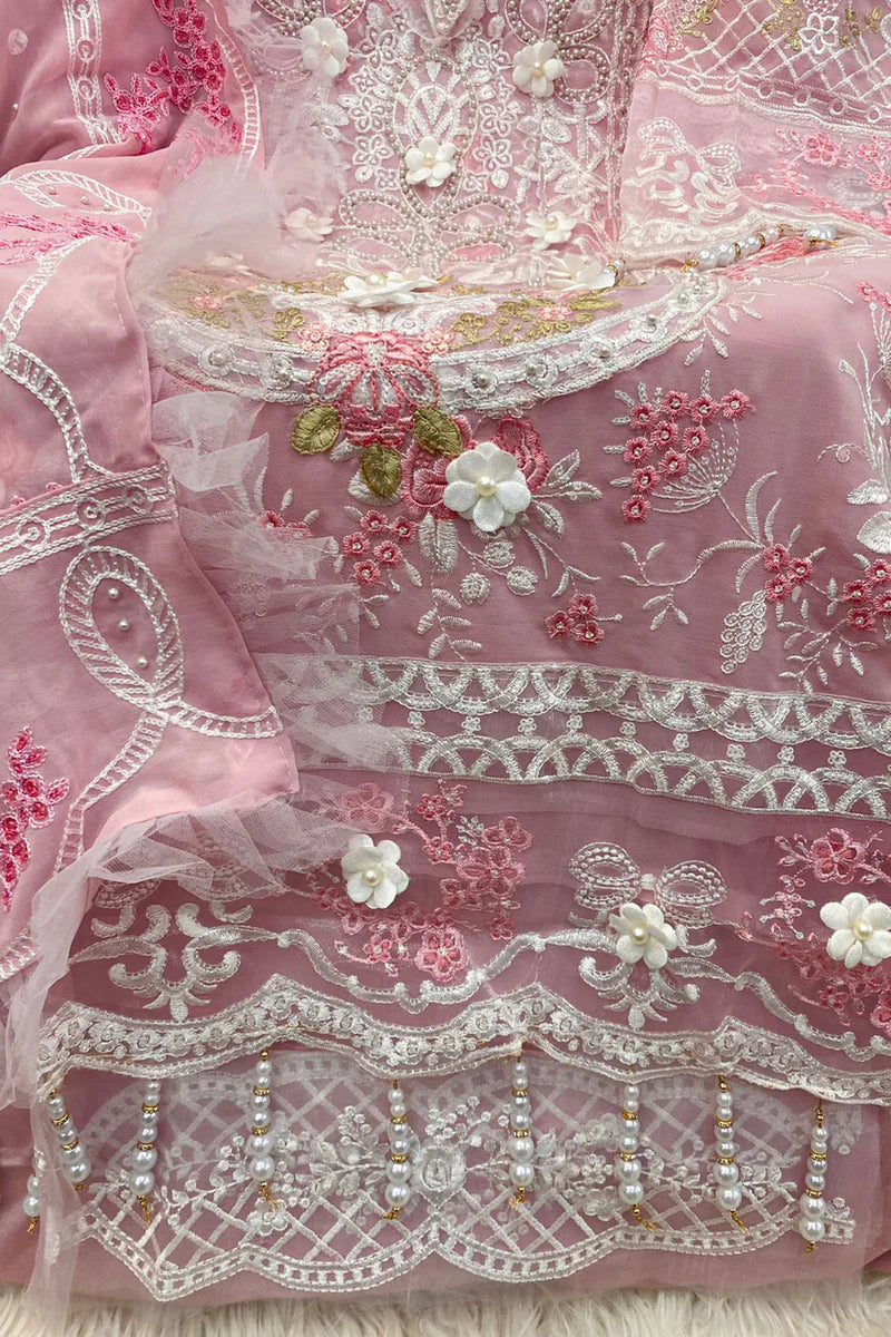 Pink Color Pakistani Salwar Kameez With Heavy Embroidery & Frill Work Dupatta