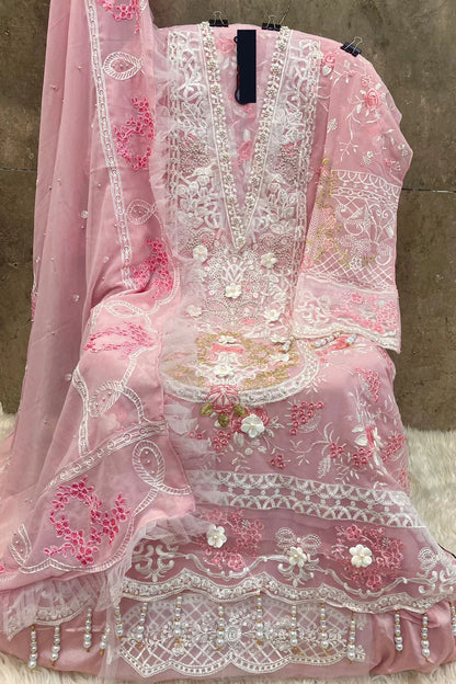 Pink Color Pakistani Salwar Kameez With Heavy Embroidery & Frill Work Dupatta