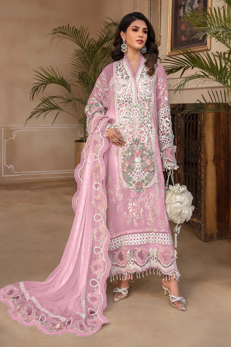 Pink Color Pakistani Salwar Kameez With Heavy Embroidery & Frill Work Dupatta