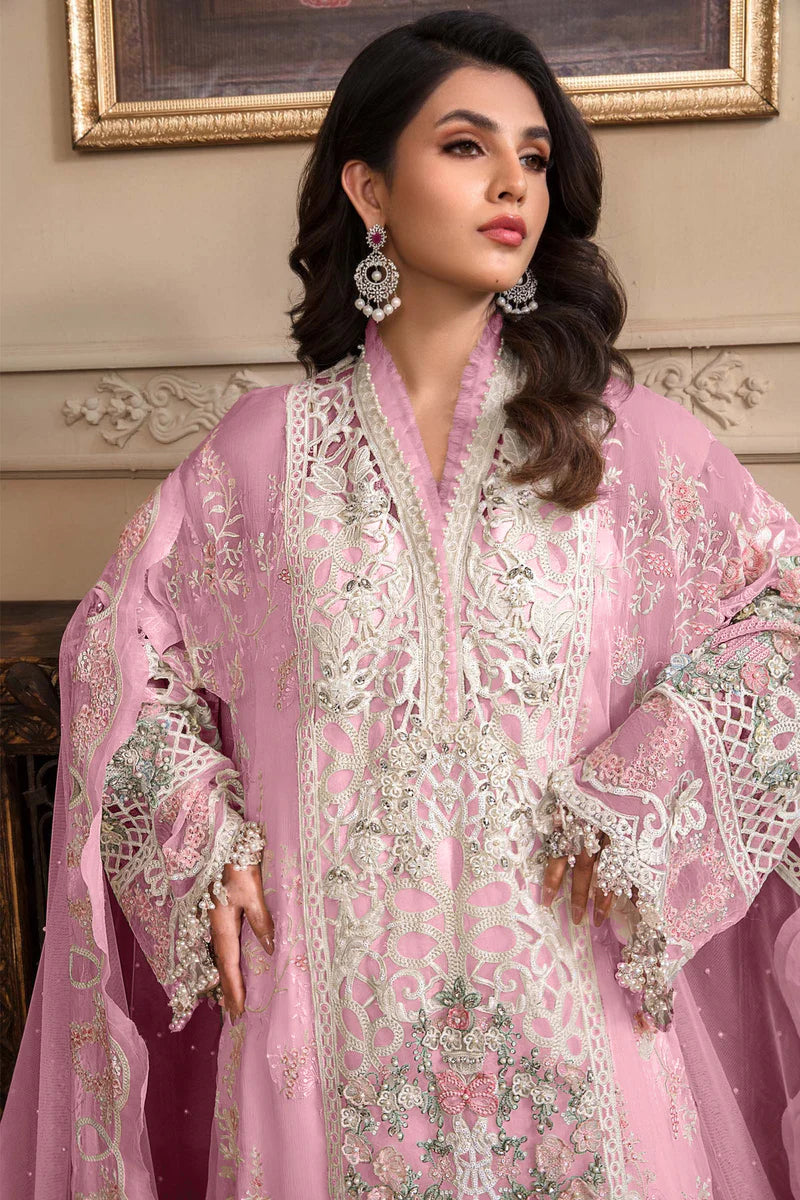 Pink Color Pakistani Salwar Kameez With Heavy Embroidery & Frill Work Dupatta