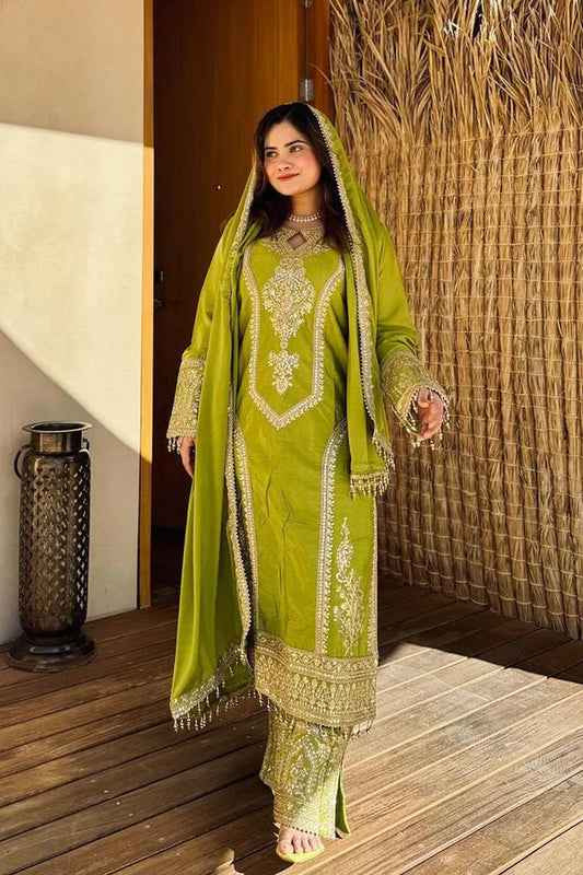 Ready To Wear Pista Heavy Silk Chinon Pakistani Tunic Style With Lovely Dupatta Work
