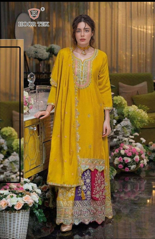 Wedding Special Ethnic Wear Parrot yellow Embroidered Heavy Chinon Suit Kurta Palazzo With Dupatta