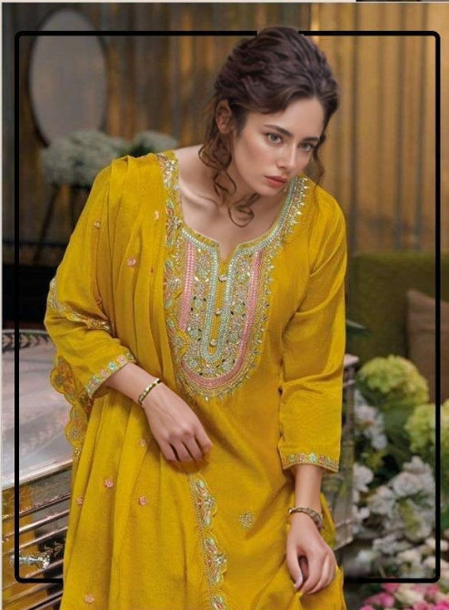 Wedding Special Ethnic Wear Parrot yellow Embroidered Heavy Chinon Suit Kurta Palazzo With Dupatta