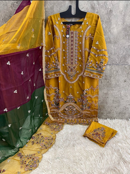 Yellow Latest pakistani salwar with Multicolor Dupatta work