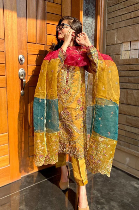 Yellow Latest pakistani salwar with Multicolor Dupatta work